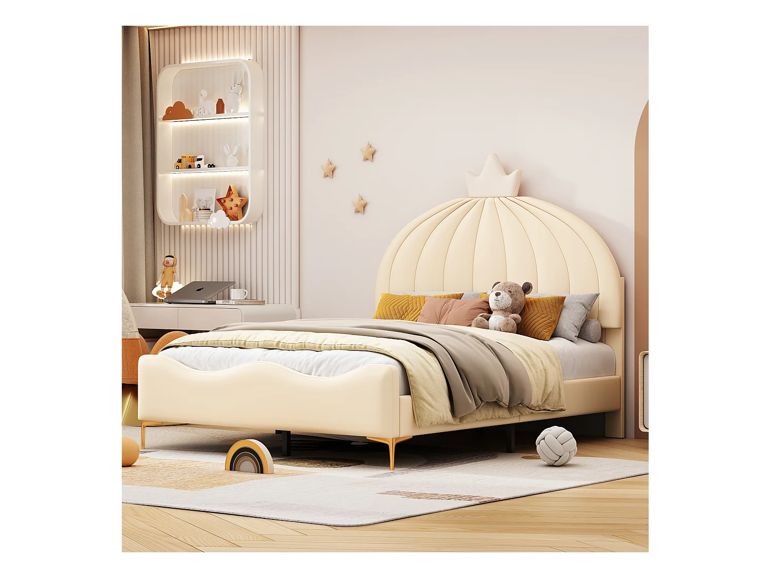 Lit capitonné 140 x 200 cm - Simili cuir et métal - Tête de lit en forme de couronne - Coloris beige