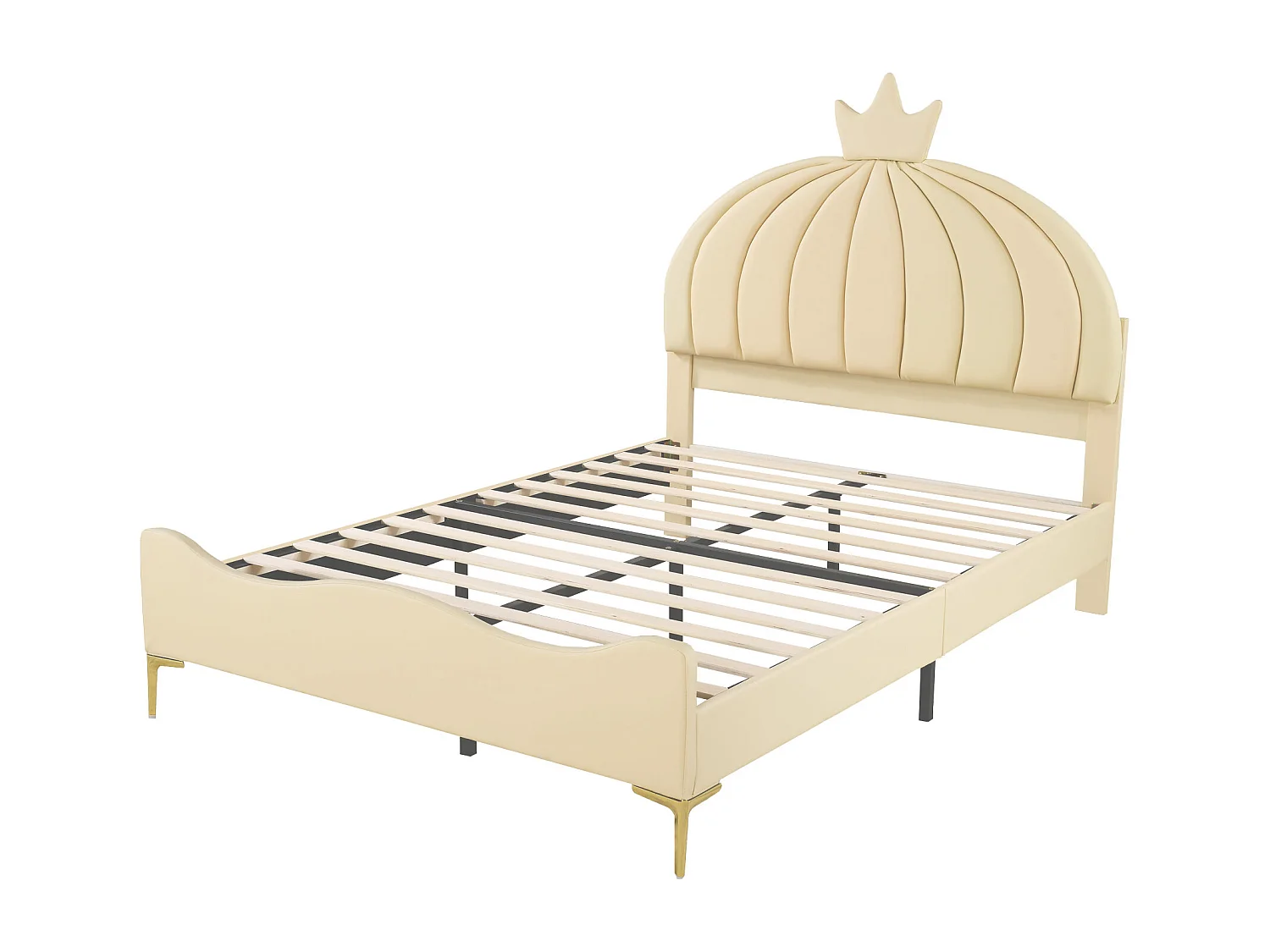 Lit capitonné 140 x 200 cm - Simili cuir et métal - Tête de lit en forme de couronne - Coloris beige