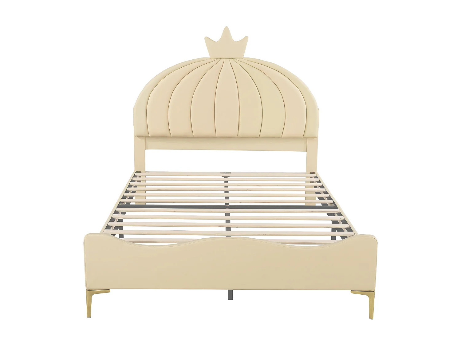 Lit capitonné 140 x 200 cm - Simili cuir et métal - Tête de lit en forme de couronne - Coloris beige