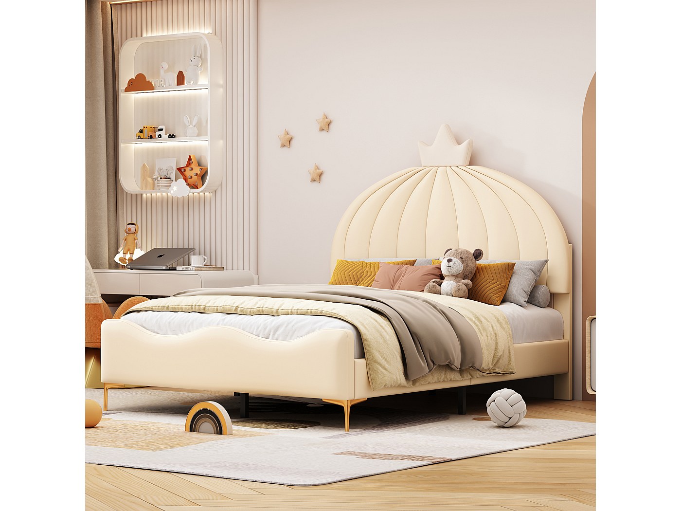 Cama Infantil Tapizada Con Tobogán Y Escalera - 90x200 Cm, Cabecero En Forma De Pata De Gato, Color Blanco Y Rosa