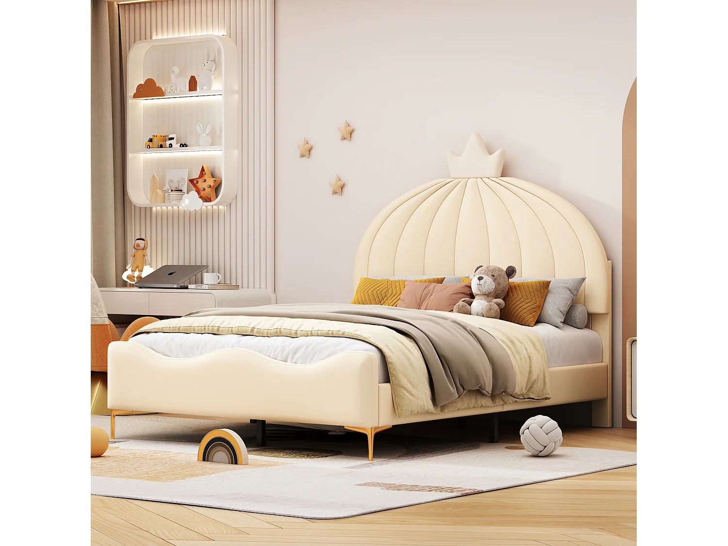 Lit capitonné 140 x 200 cm - Simili cuir et métal - Tête de lit en forme de couronne - Coloris beige