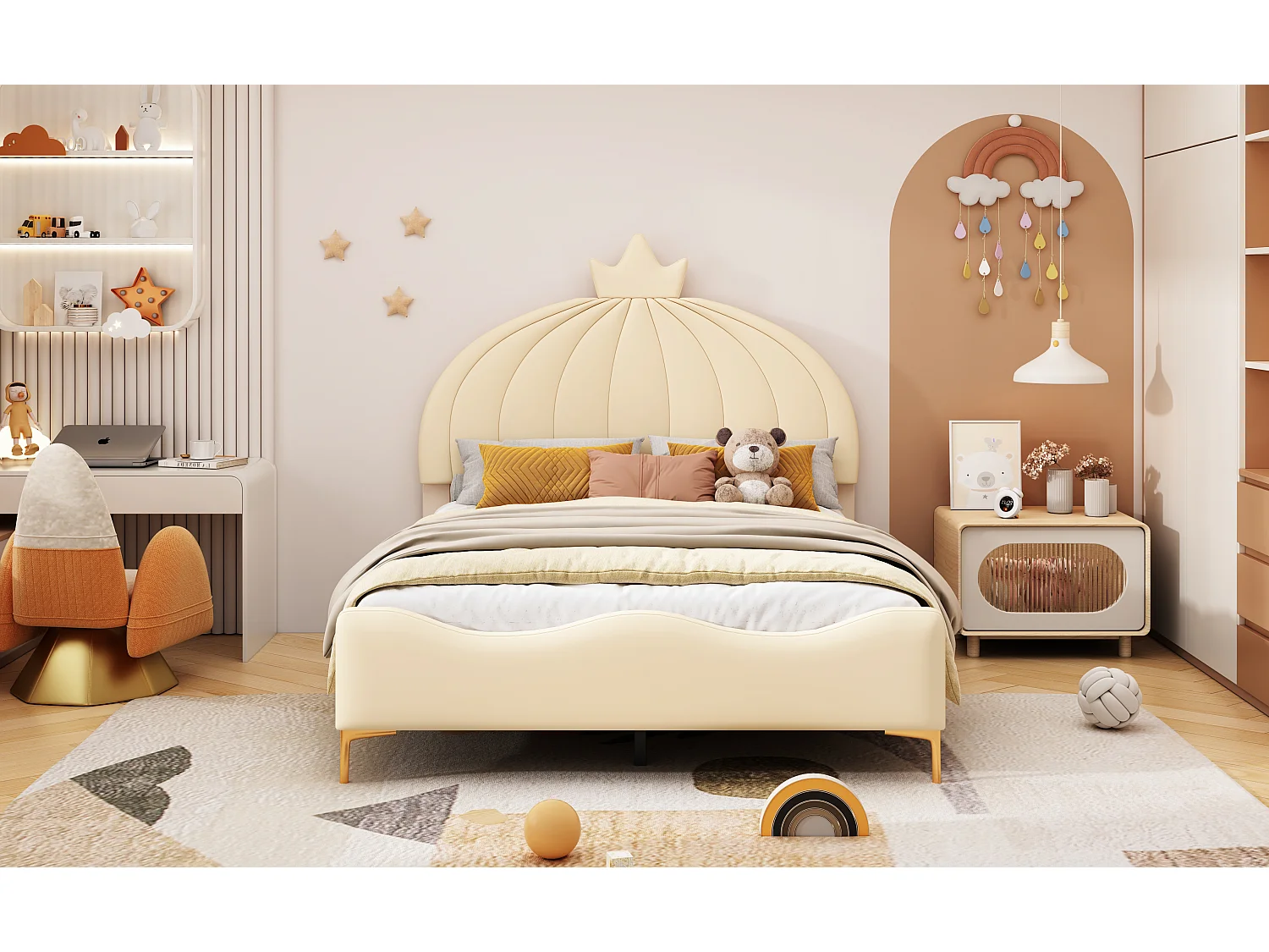 Lit capitonné 140 x 200 cm - Simili cuir et métal - Tête de lit en forme de couronne - Coloris beige