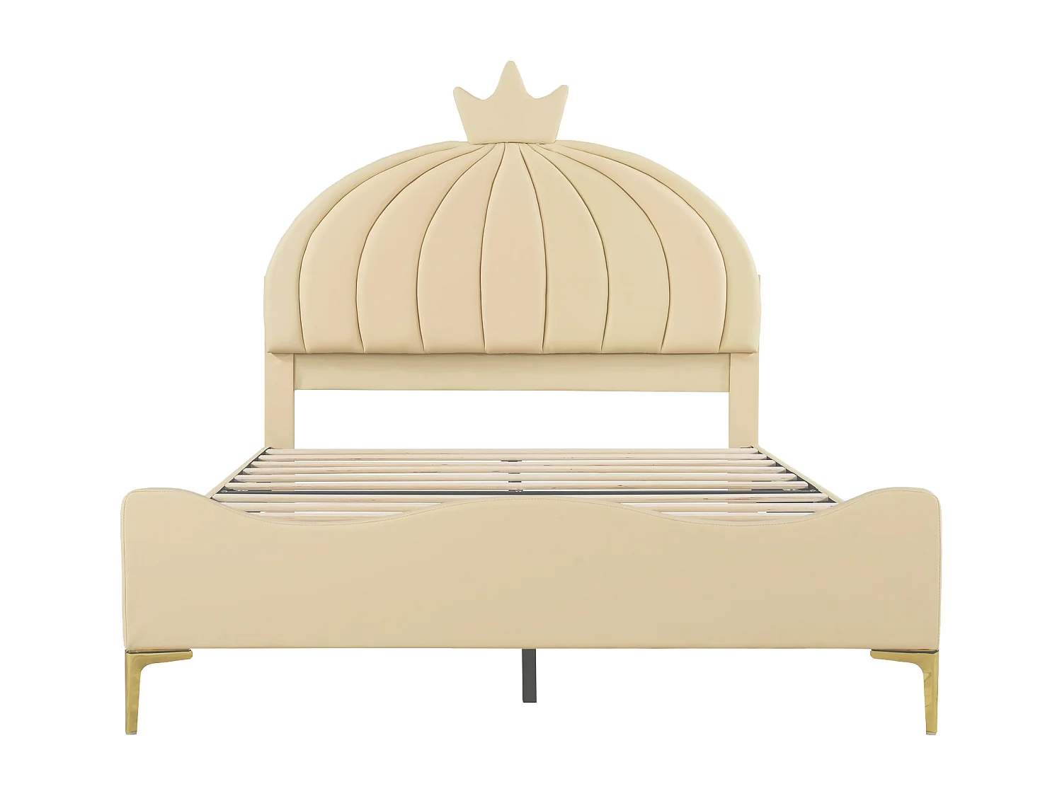 Lit capitonné 140 x 200 cm - Simili cuir et métal - Tête de lit en forme de couronne - Coloris beige