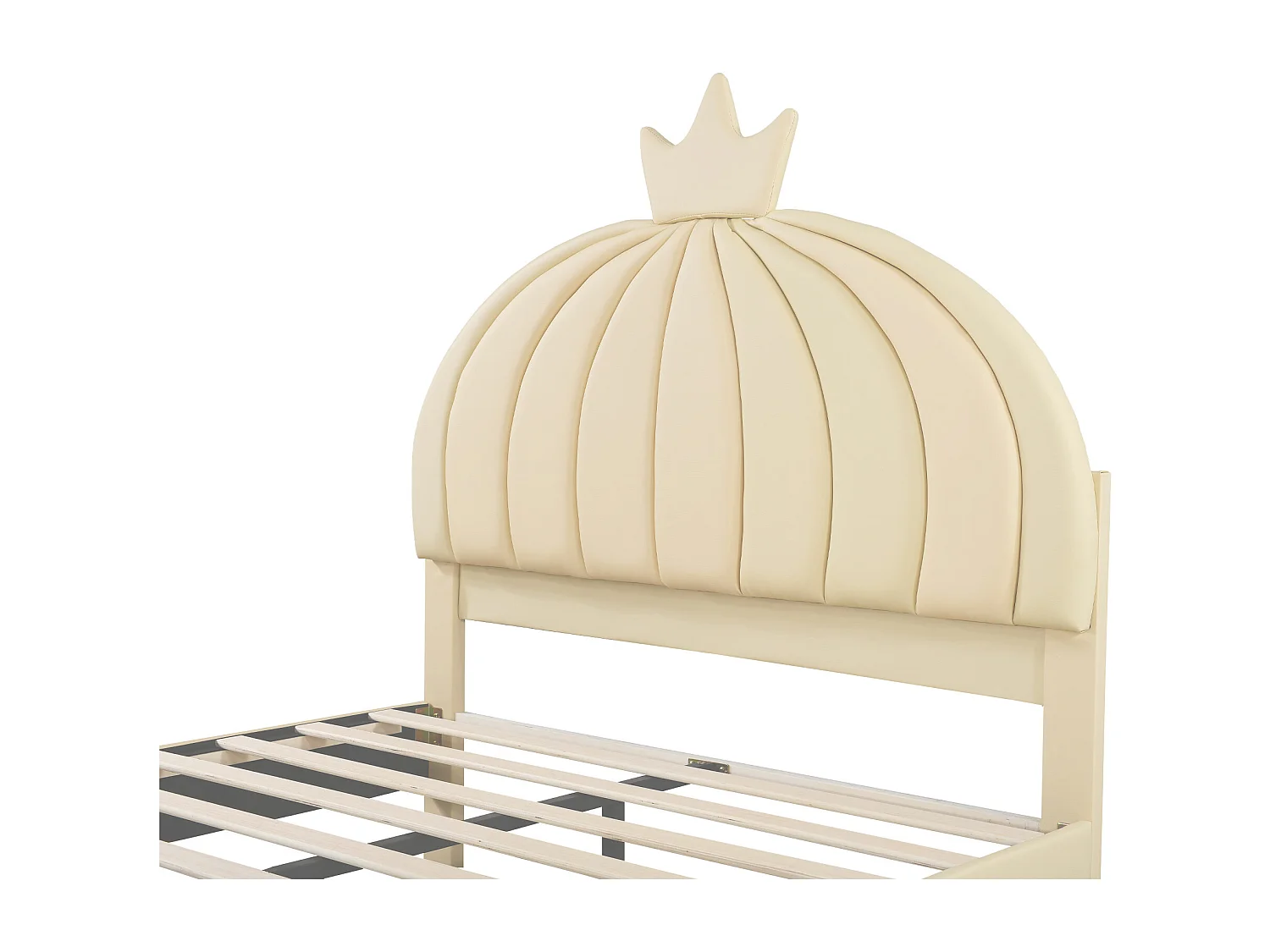 Lit capitonné 140 x 200 cm - Simili cuir et métal - Tête de lit en forme de couronne - Coloris beige