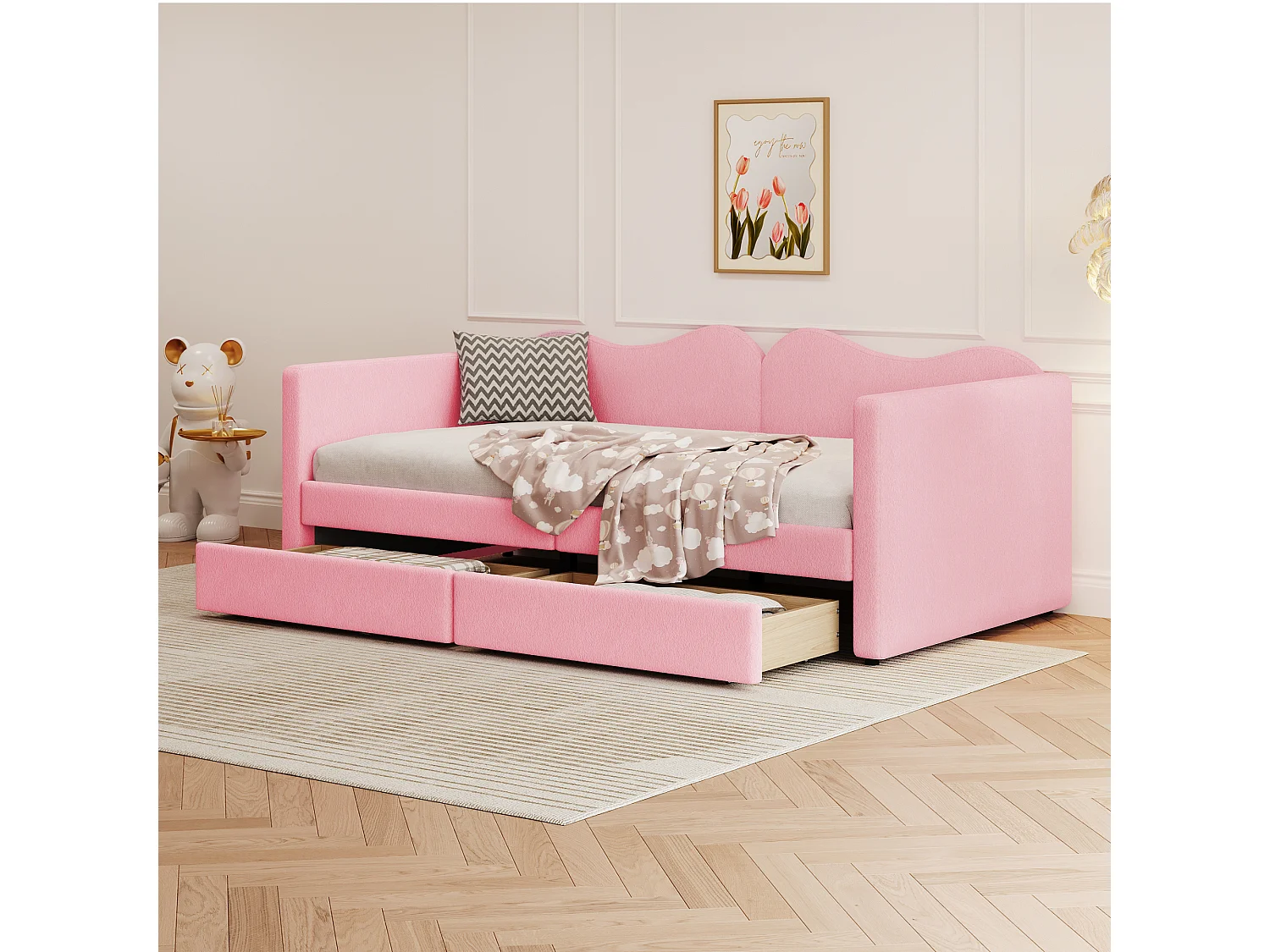 Gestoffeerd bed 90 x 200 cm met 2 lades, slaapbank - teddybeerstof - kleur roze