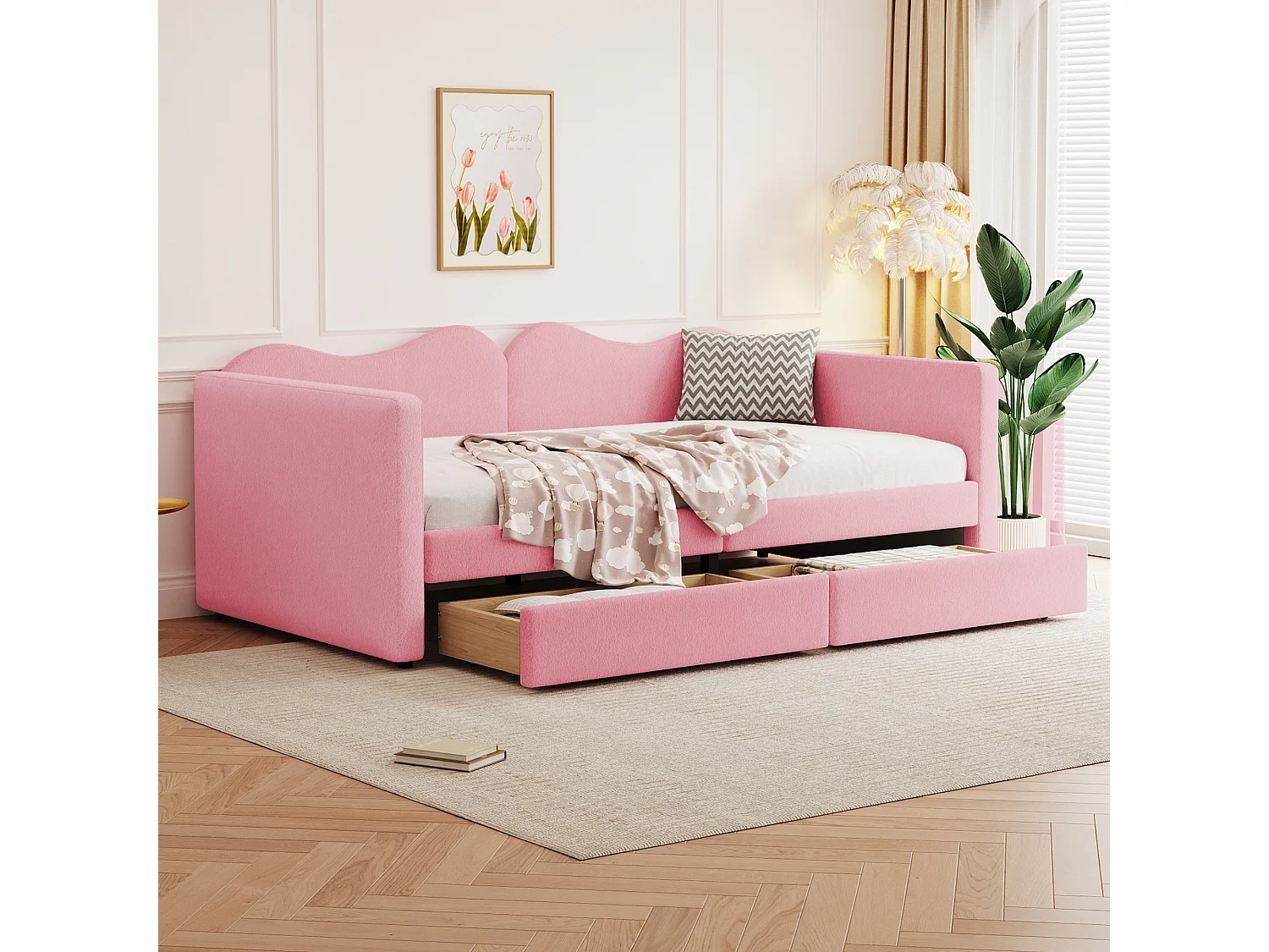 Gestoffeerd bed 90 x 200 cm met 2 lades, slaapbank - teddybeerstof - kleur roze