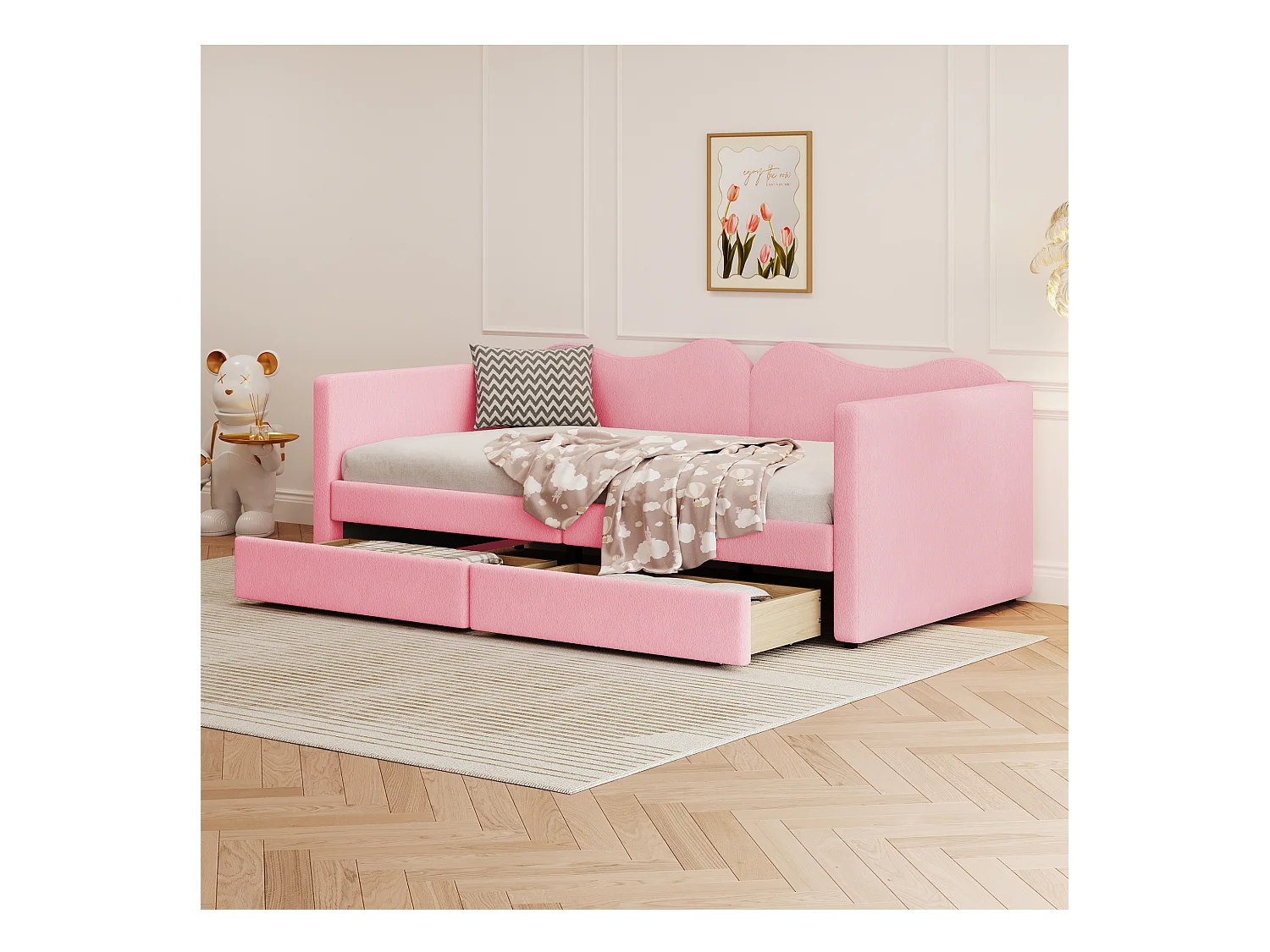 Lit capitonné 90 x 200 cm avec 2 tiroirs, canapé-lit - tissu ours en peluche - coloris rose