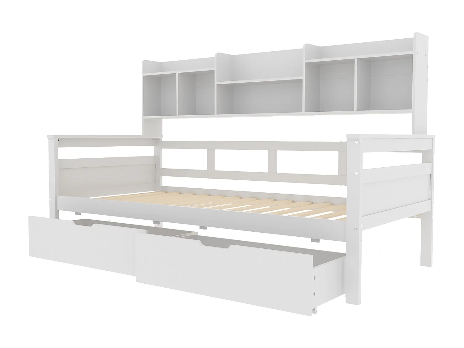 Lit 90 x 200 cm en bois massif - 2 tiroirs et bliothèque - sommier à lattes - blanc