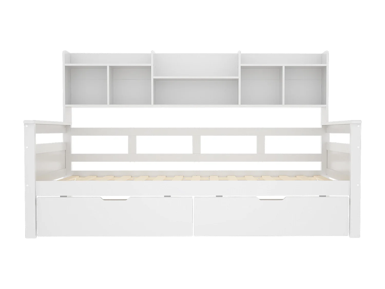 Letto in legno massello 90 x 200 cm - 2 cassetti e libreria - rete a doghe - bianco