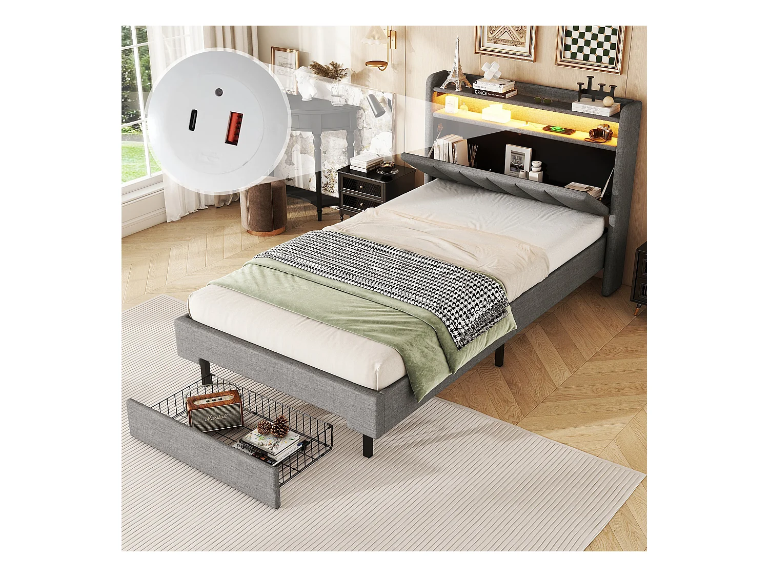 Polsterbett 90 x 200 cm mit 2 Schubladen, USB-Anschluss und LEDs – klappbares Kopfteil – Leinenstoff – graue Farbe