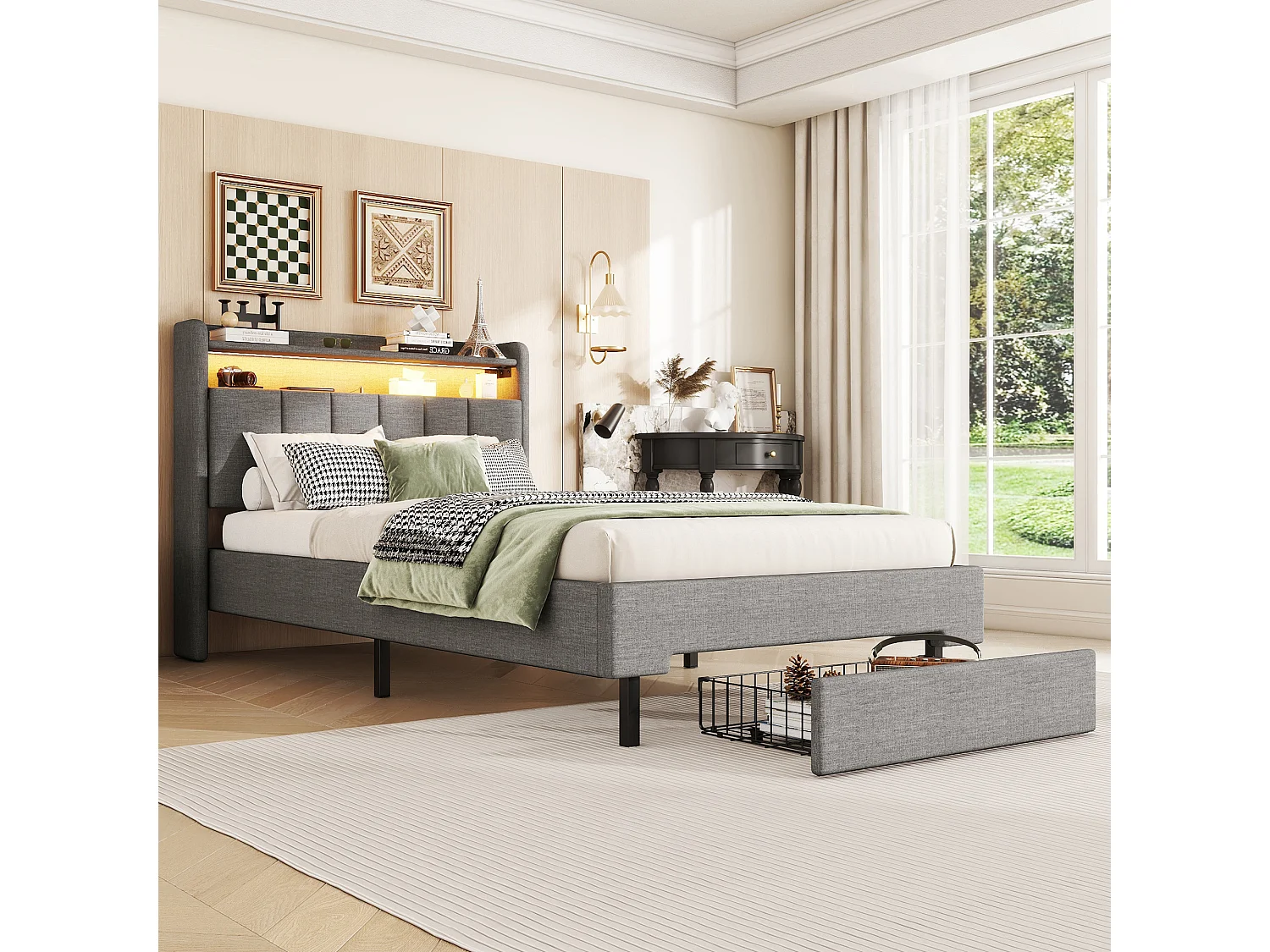 Letto imbottito 90 x 200 cm con 2 cassetti, porta USB e LED - testiera pieghevole - tessuto lino - colore grigio