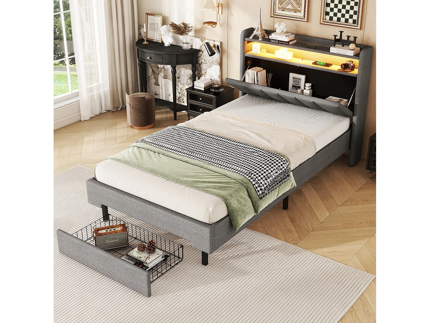 Letto imbottito 90 x 200 cm con 2 cassetti, porta USB e LED - testiera pieghevole - tessuto lino - colore grigio