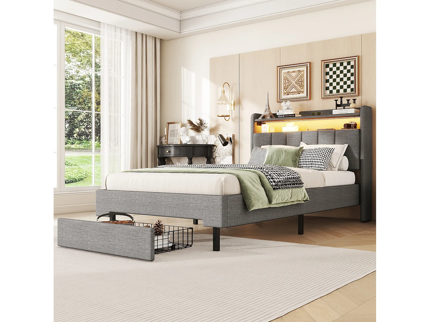 Letto imbottito 90 x 200 cm con 2 cassetti, porta USB e LED - testiera pieghevole - tessuto lino - colore grigio