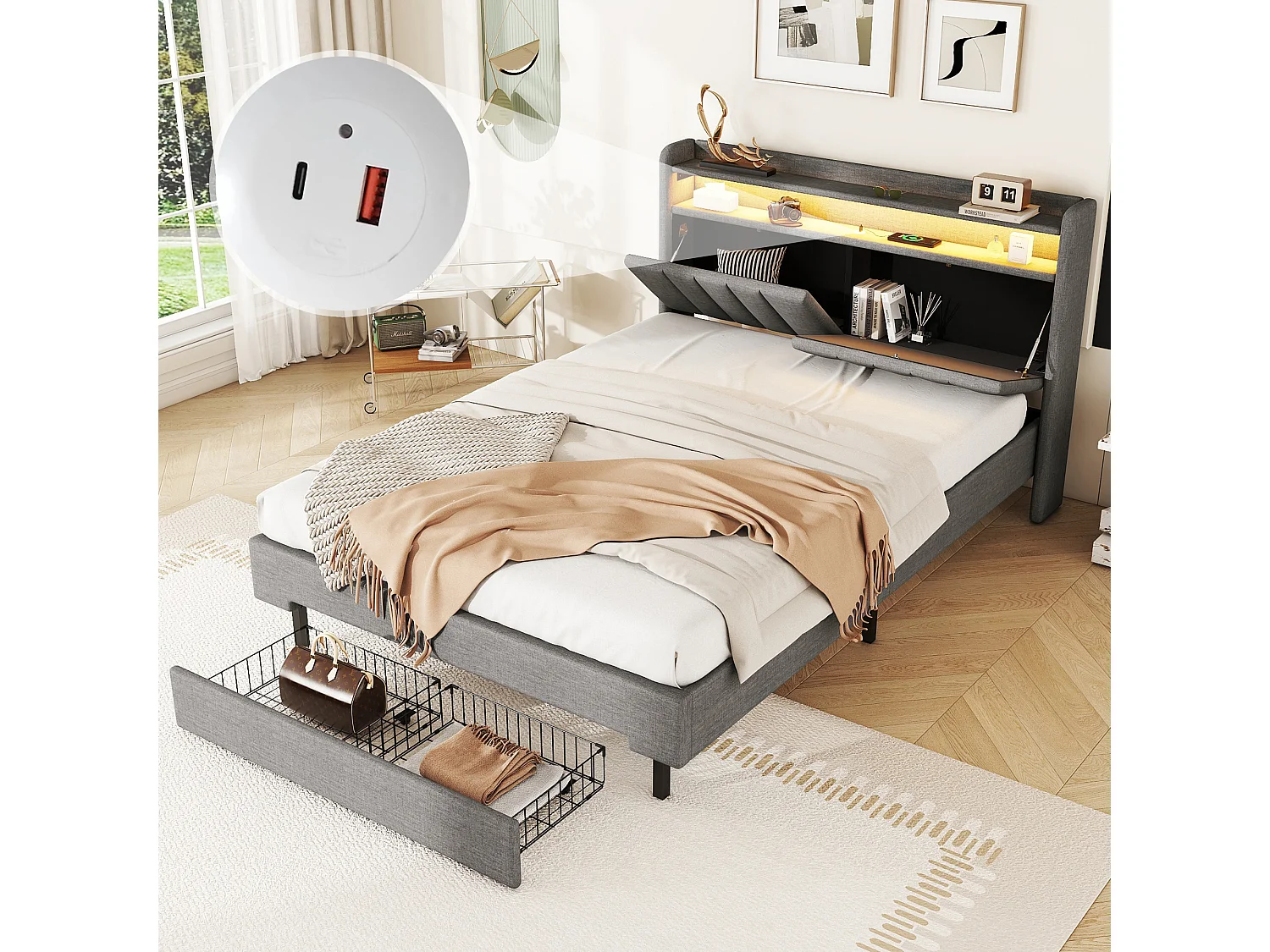 Lit capitonné 140 x 200 cm avec 2 tiroirs, prise USB et LEDs - tête de lit rabattable - tissu en lin - coloris gris