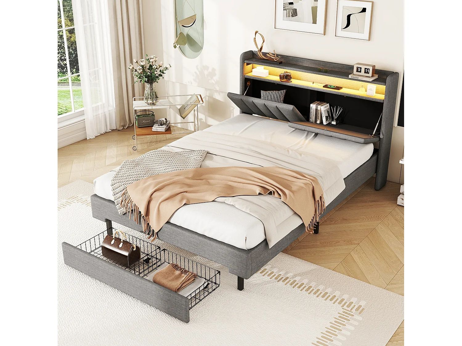 Lit capitonné 140 x 200 cm avec 2 tiroirs, prise USB et LEDs - tête de lit rabattable - tissu en lin - coloris gris