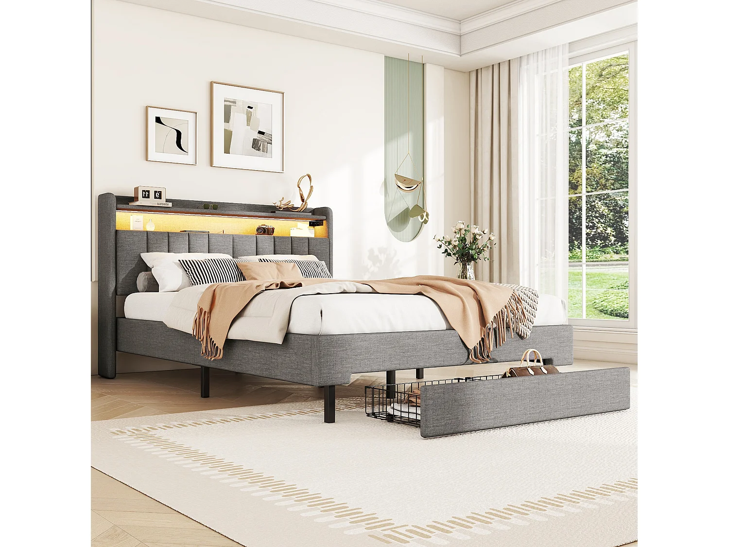 Lit capitonné 140 x 200 cm avec 2 tiroirs, prise USB et LEDs - tête de lit rabattable - tissu en lin - coloris gris