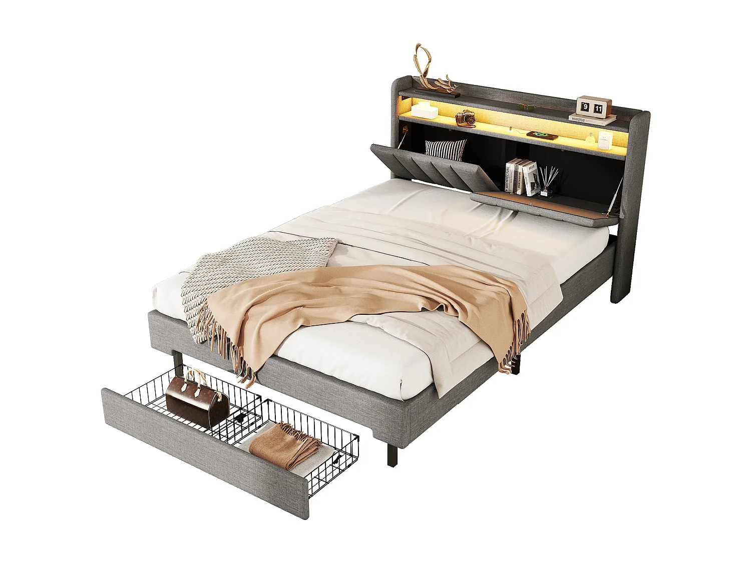 Lit capitonné 140 x 200 cm avec 2 tiroirs, prise USB et LEDs - tête de lit rabattable - tissu en lin - coloris gris