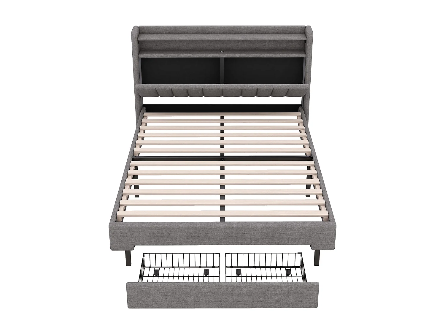 Lit capitonné 140 x 200 cm avec 2 tiroirs, prise USB et LEDs - tête de lit rabattable - tissu en lin - coloris gris