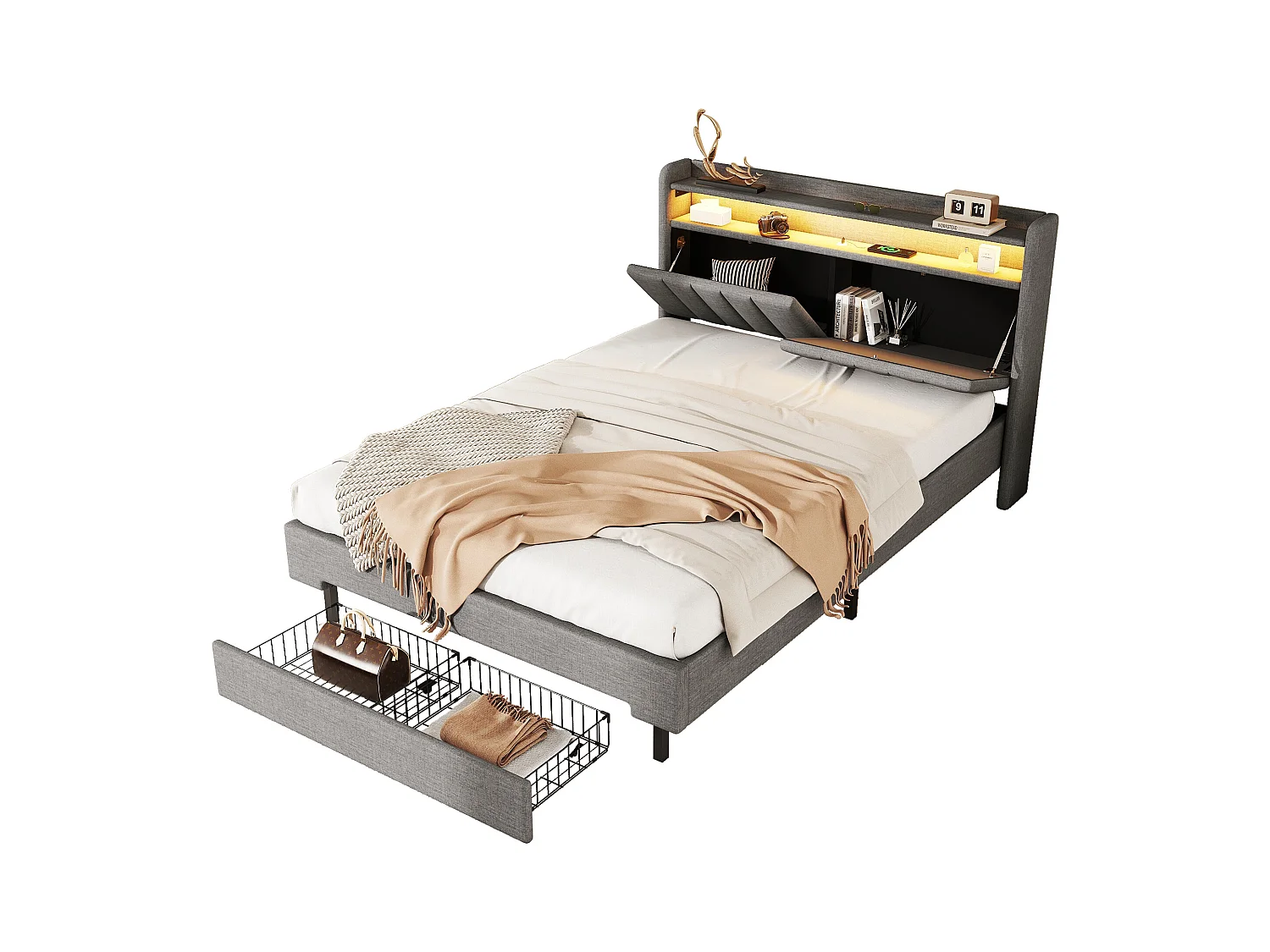 Lit capitonné 140 x 200 cm avec 2 tiroirs, prise USB et LEDs - tête de lit rabattable - tissu en lin - coloris gris