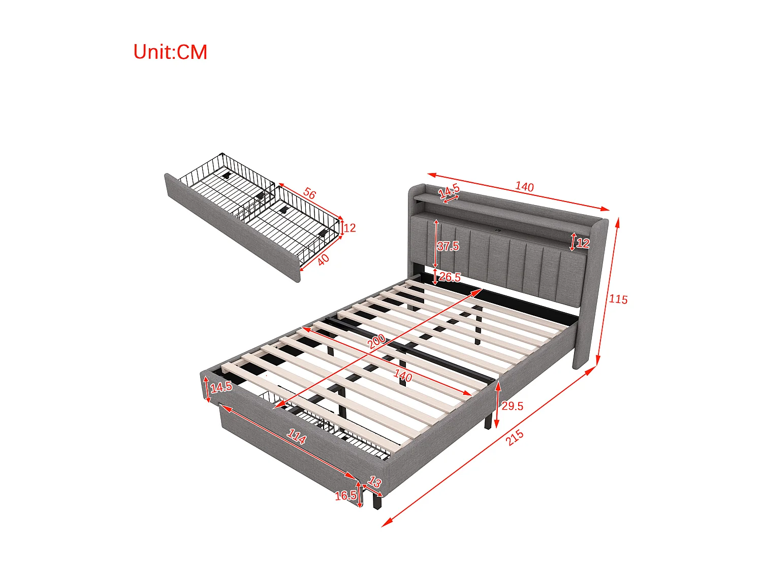 Cama tapizada 140x200 cm con 2 cajones, puerto USB y LEDs - cabecero abatible - tejido lino - color gris