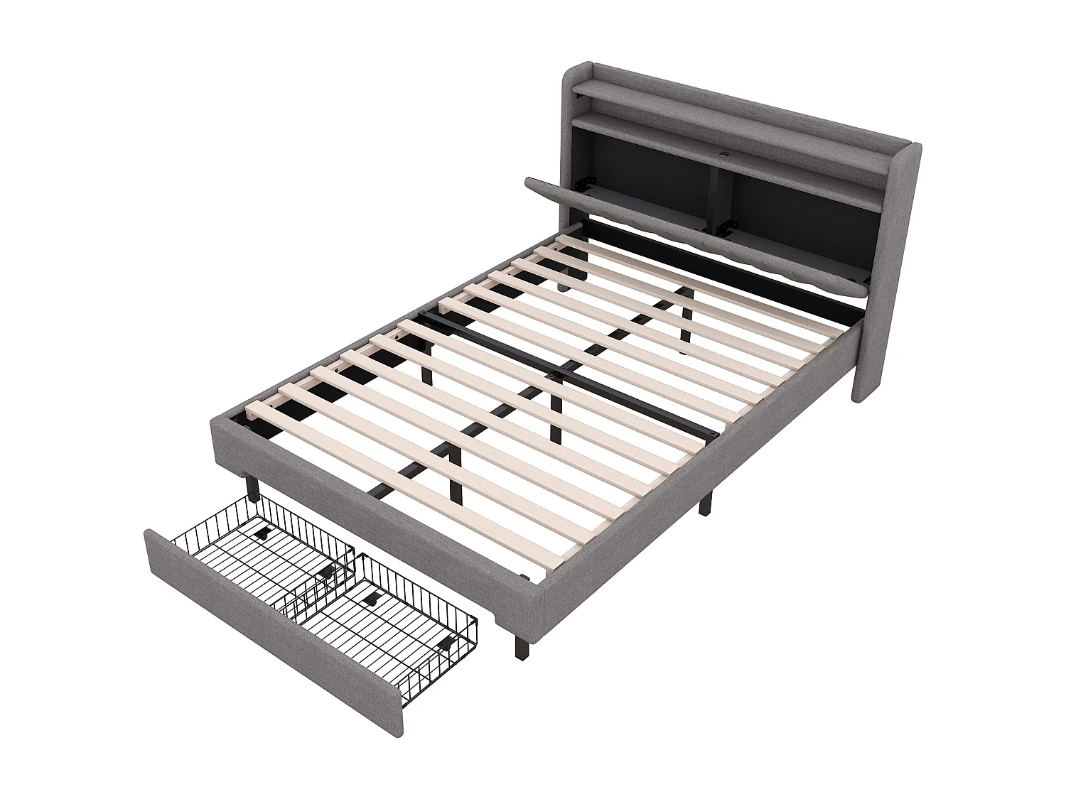 Cama tapizada 140x200 cm con 2 cajones, puerto USB y LEDs - cabecero abatible - tejido lino - color gris