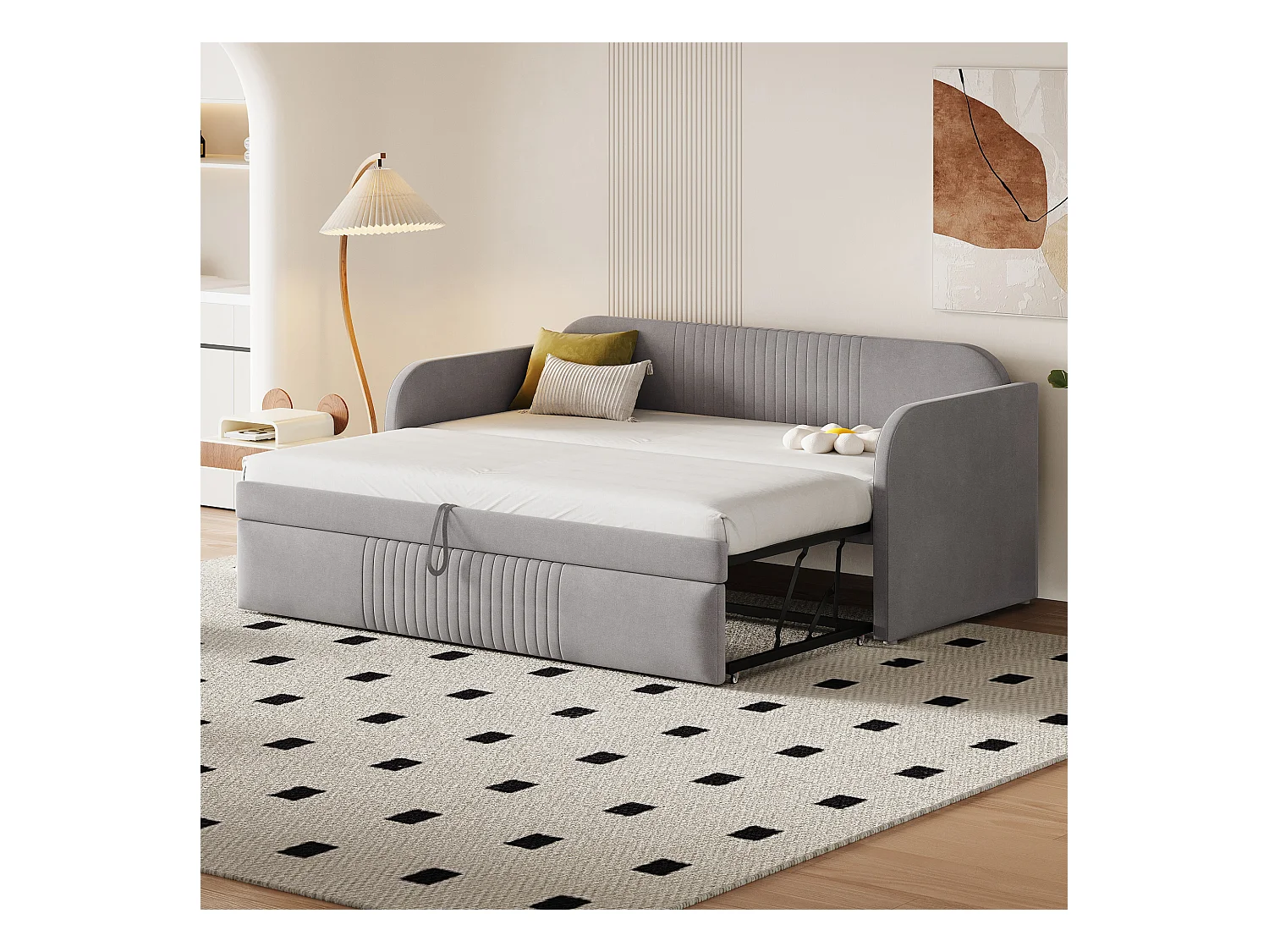 Lit gigogne 90/180 x 190 cm - tissu en lin - motif à rayures verticales - coloris gris clair (matelas non inclus)