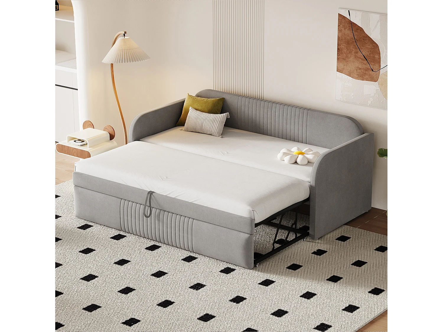Cama nido 90/180 x 190 cm - tejido de lino - estampado de rayas verticales - color gris claro (colchón no incluido)