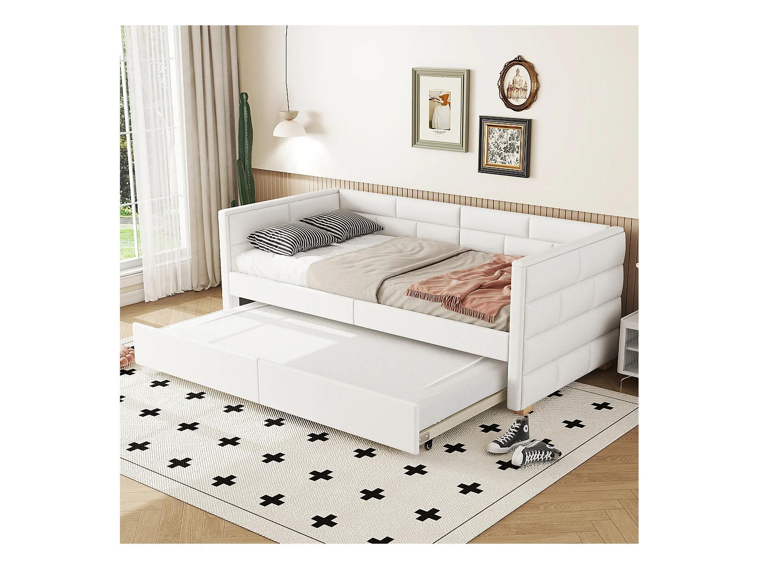 Onderschuifbed 90 x 200 cm + 90 x 190 cm - Linnenstof - Lattenbodem - Kleur beige