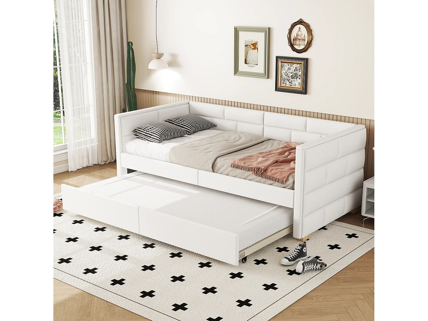 Lit gigogne 90 x 200 cm + 90 x 190 cm - Tissu en lin - Sommier à lattes - Coloris beige