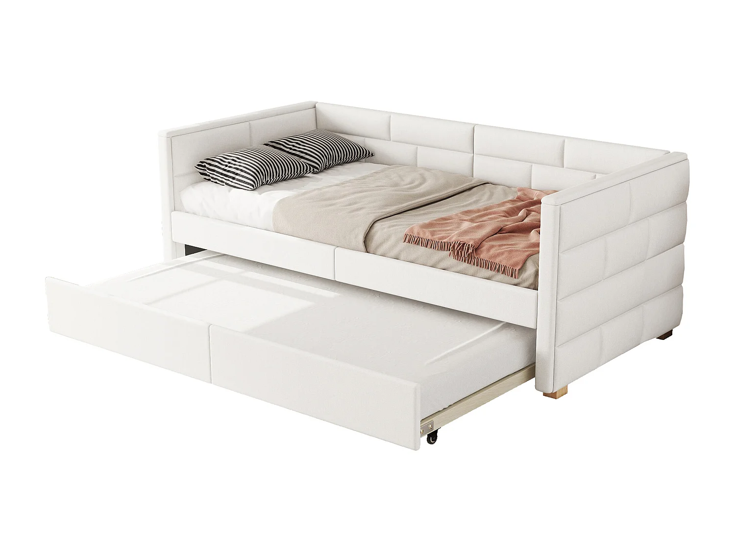 Lit gigogne 90 x 200 cm + 90 x 190 cm - Tissu en lin - Sommier à lattes - Coloris beige