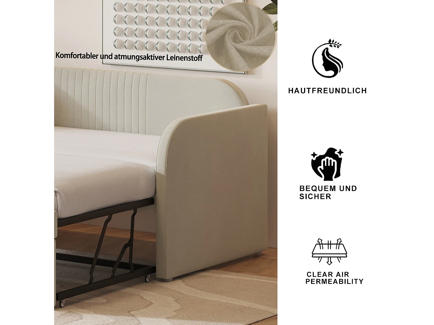 Lit gigogne 90/180 x 190 cm - tissu en lin - motif à rayures verticales - coloris gris beige (matelas non inclus)