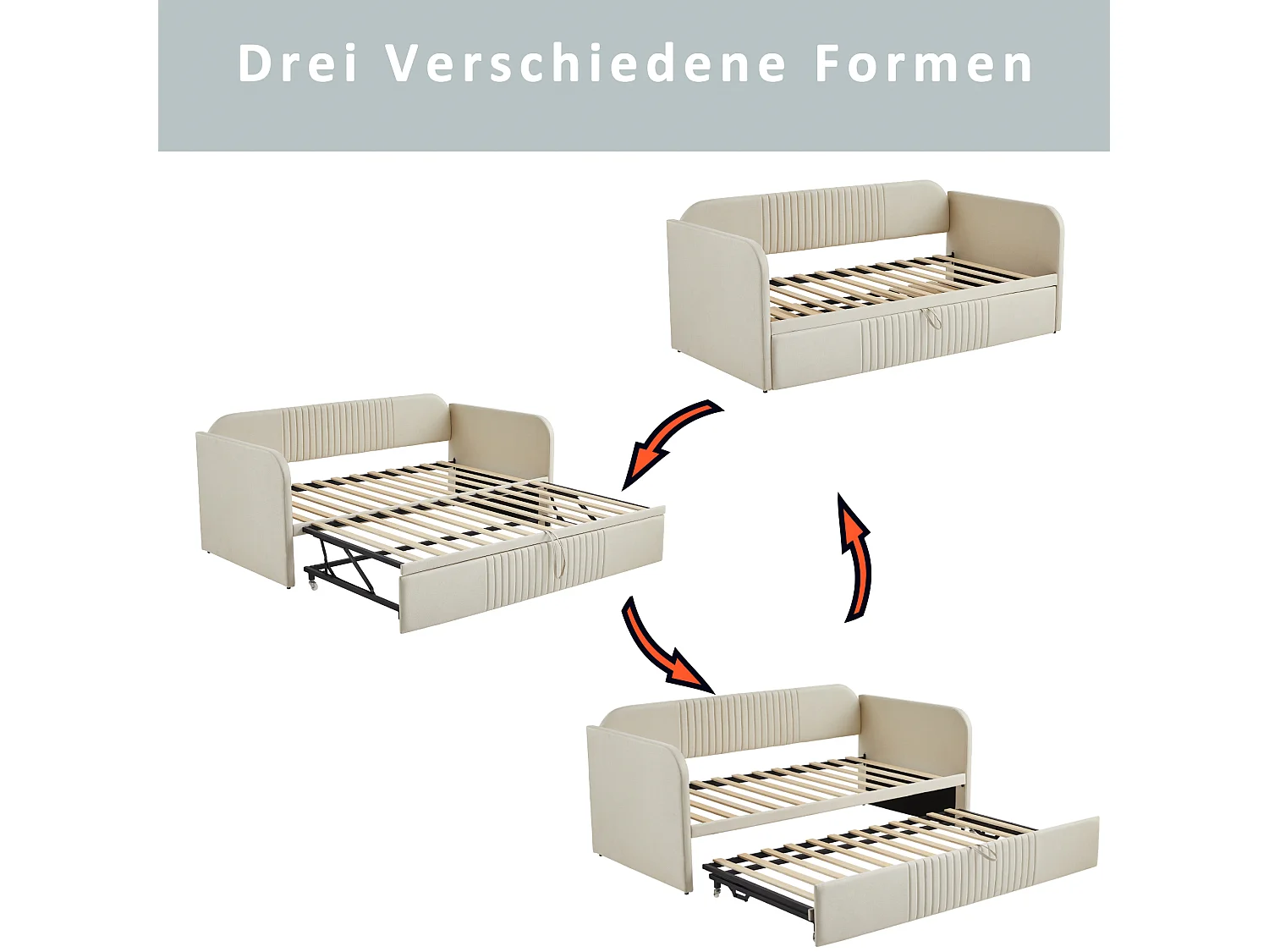 Lit gigogne 90/180 x 190 cm - tissu en lin - motif à rayures verticales - coloris gris beige (matelas non inclus)