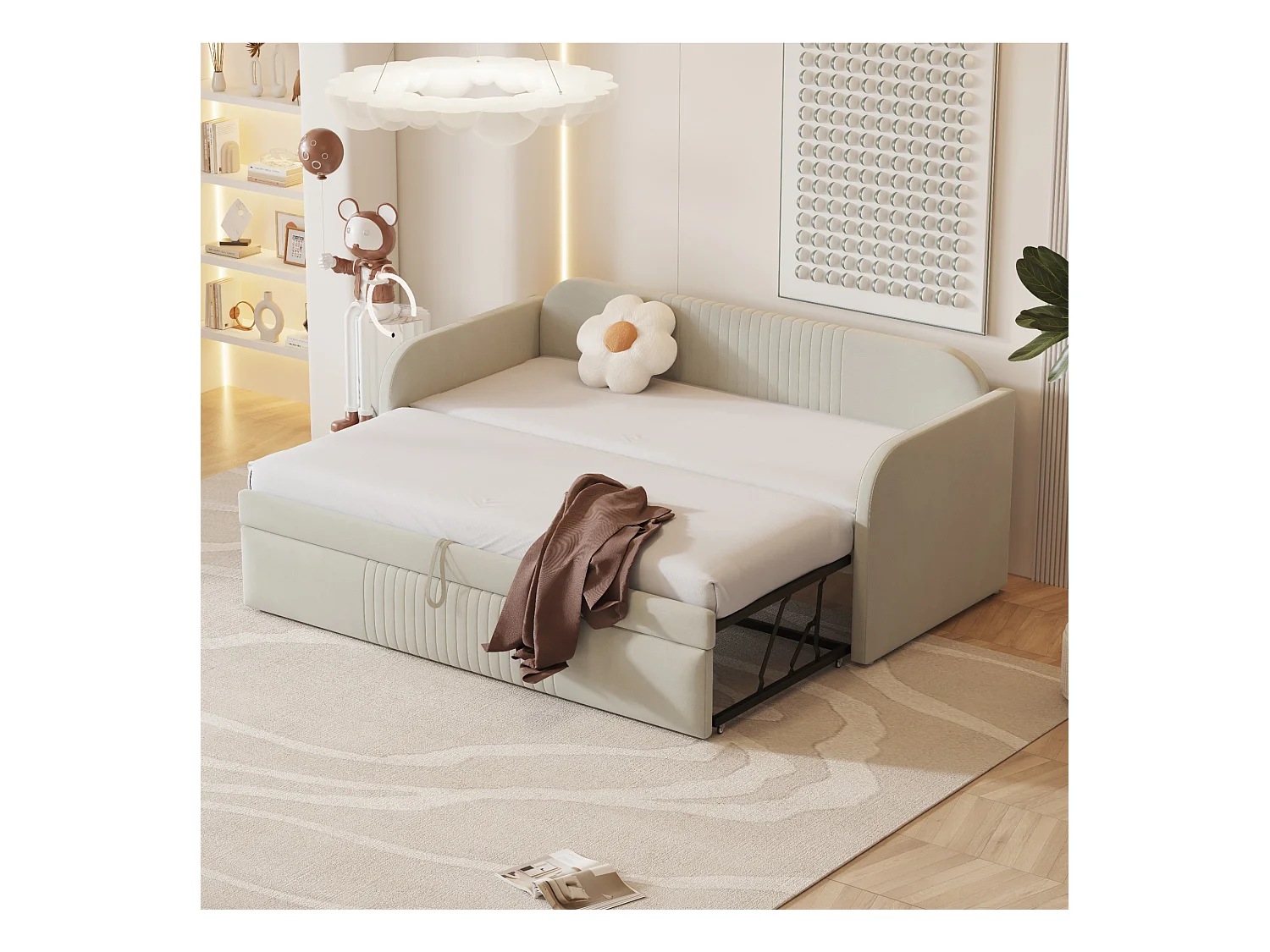 Onderschuifbed 90/180 x 190 cm - linnen stof - verticaal gestreept patroon - beige grijze kleur (matras niet inbegrepen)