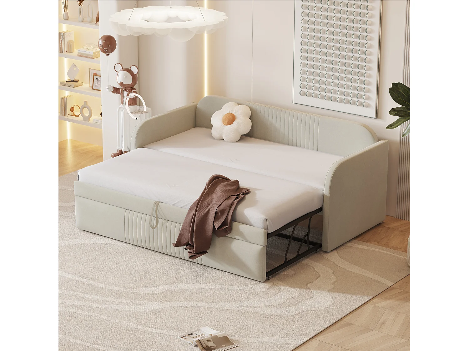 Lit gigogne 90/180 x 190 cm - tissu en lin - motif à rayures verticales - coloris gris beige (matelas non inclus)
