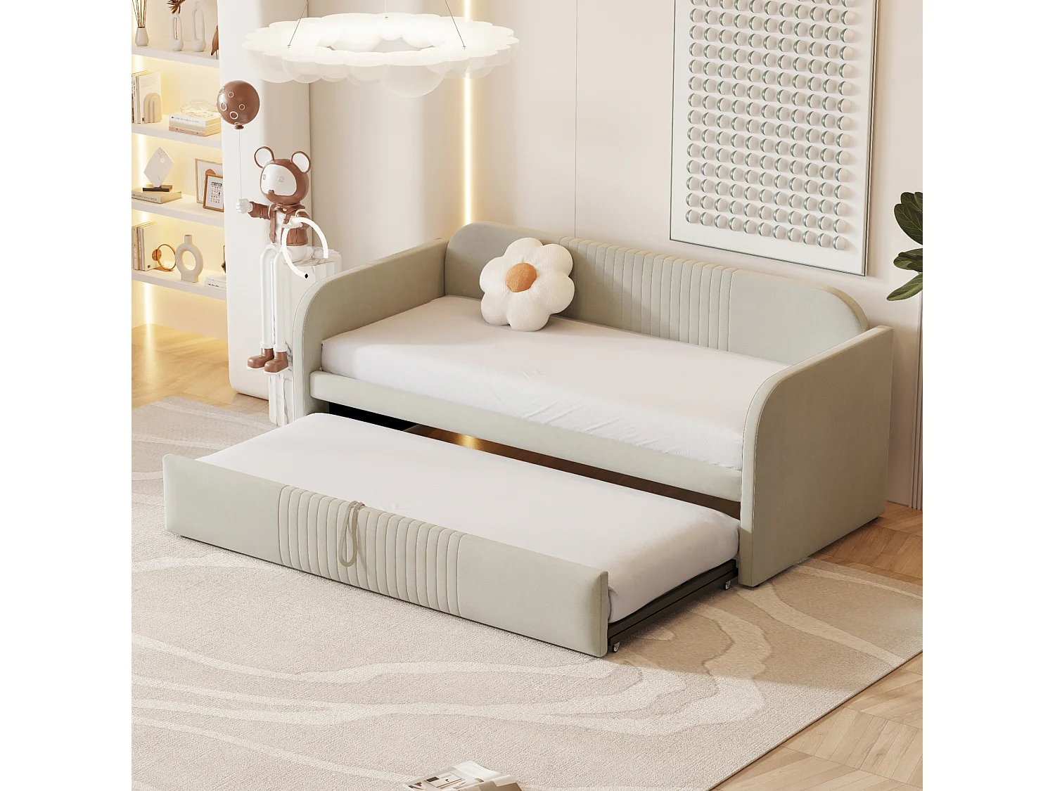 Lit gigogne 90/180 x 190 cm - tissu en lin - motif à rayures verticales - coloris gris beige (matelas non inclus)