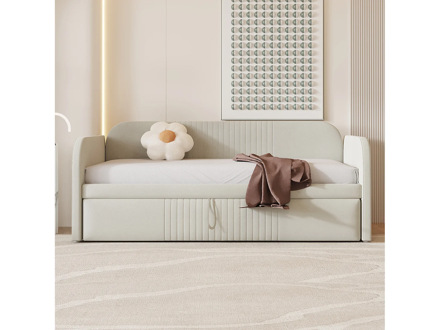 Lit gigogne 90/180 x 190 cm - tissu en lin - motif à rayures verticales - coloris gris beige (matelas non inclus)