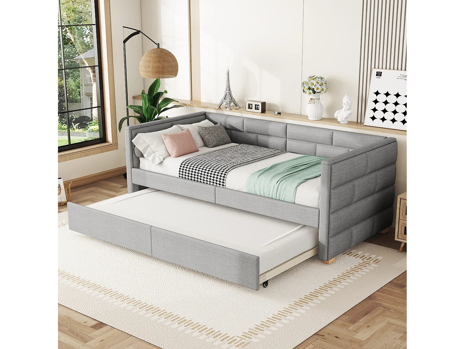 Onderschuifbed 90 x 200 cm + 90 x 190 cm - Linnenstof - Lattenbodem - Kleur grijs