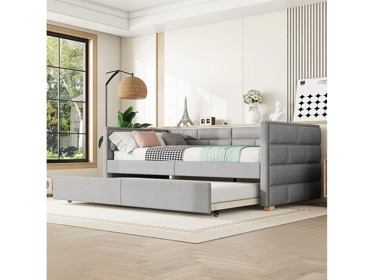 Onderschuifbed 90 x 200 cm + 90 x 190 cm - Linnenstof - Lattenbodem - Kleur grijs