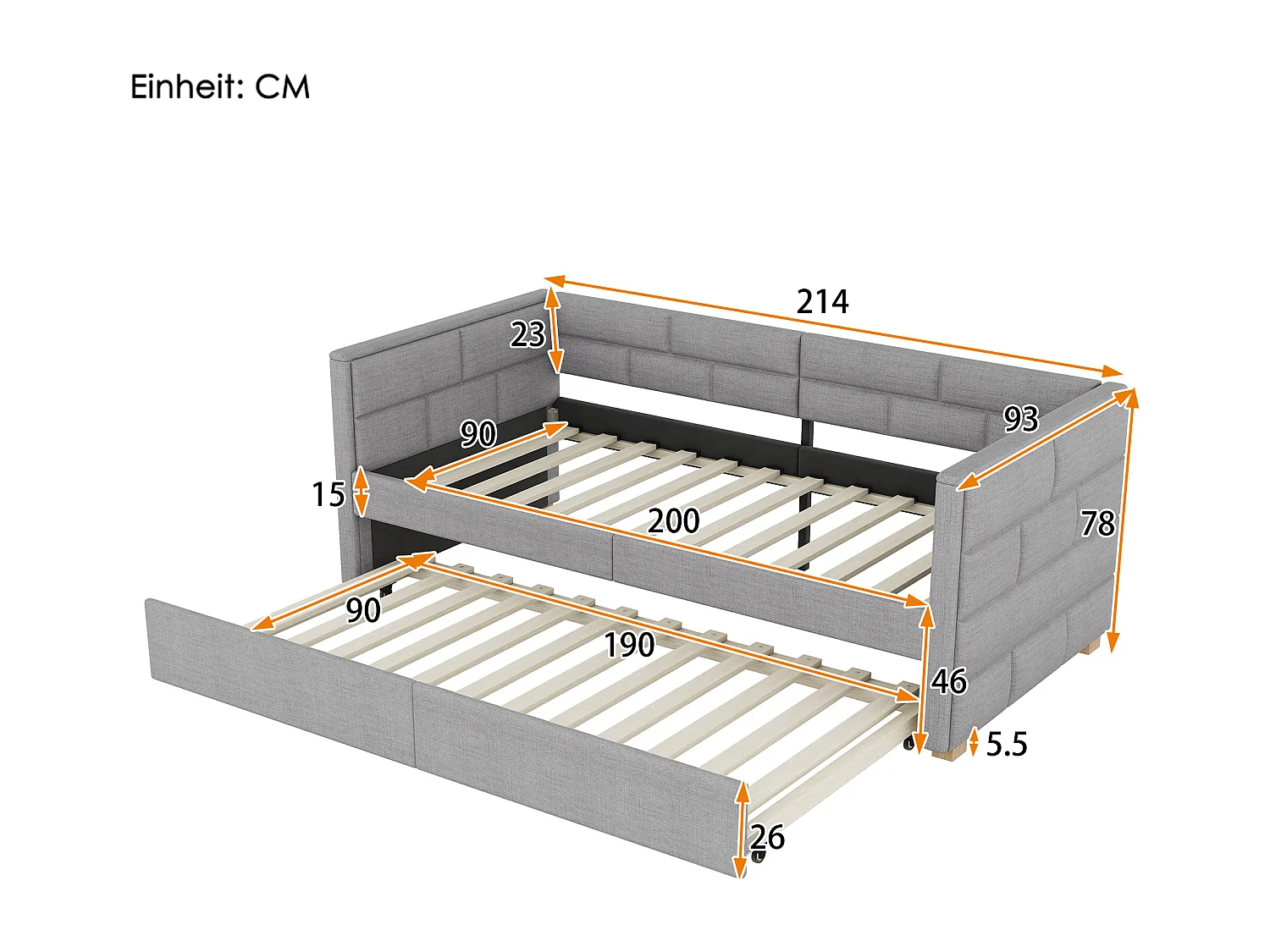 Onderschuifbed 90 x 200 cm + 90 x 190 cm - Linnenstof - Lattenbodem - Kleur grijs