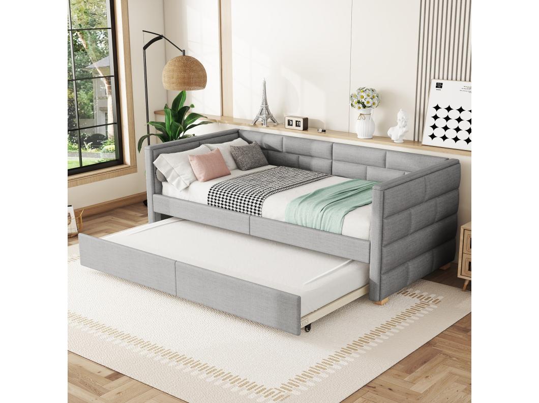 Cama com gavetão 90 x 200 cm + 90 x 190 cm - Tecido de linho - Base de ripas - Cor cinza