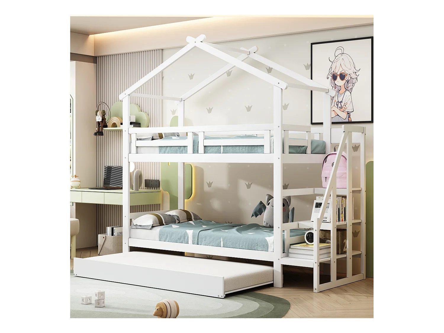 Stapelbedden 2 x 90 x 200 cm met onderschuifbed 90 x 190 cm - Opbergplanken - Grenenhout + multiplex + MDF - Wit