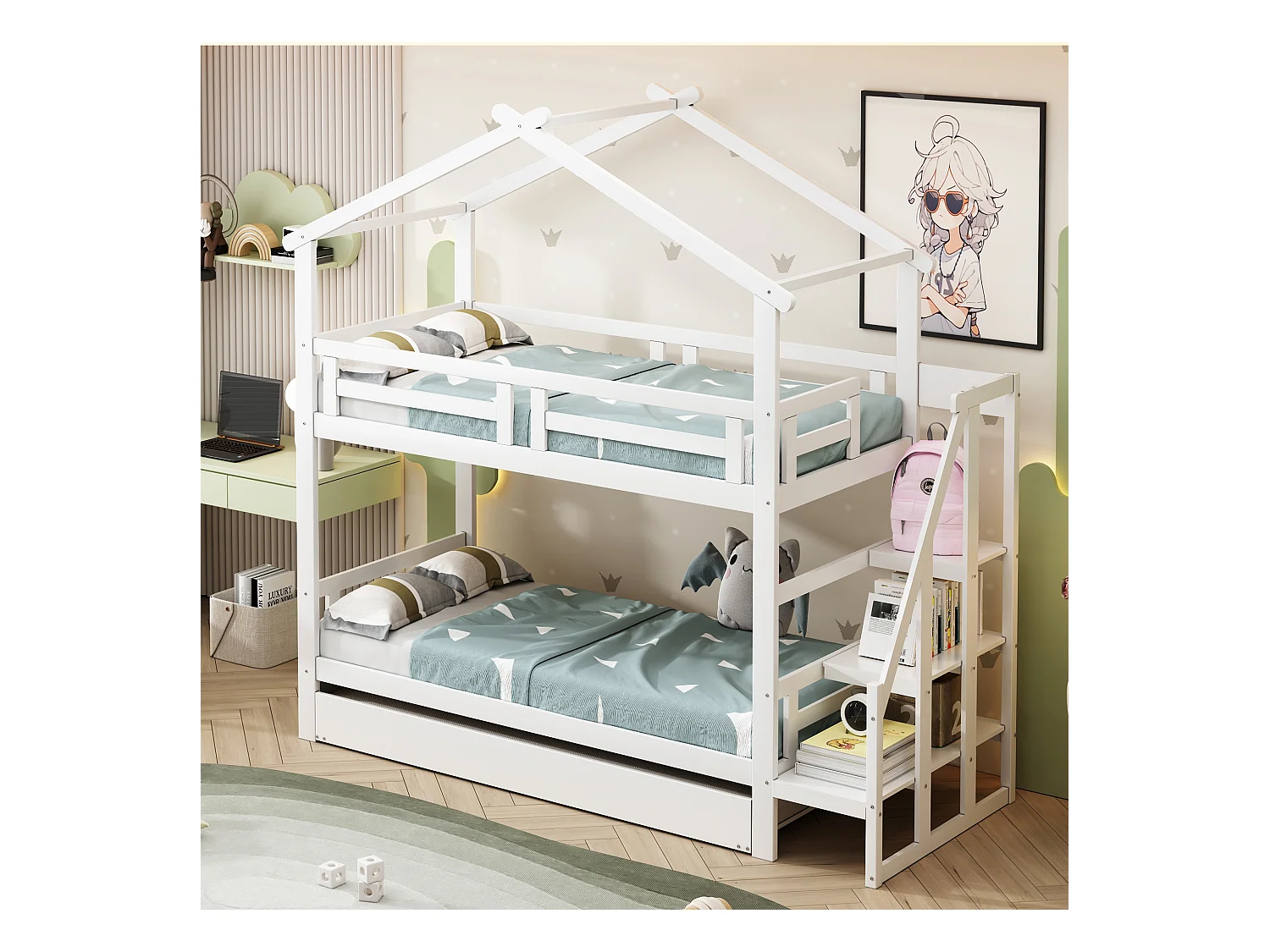 Stapelbedden 2 x 90 x 200 cm met onderschuifbed 90 x 190 cm - Opbergplanken - Grenenhout + multiplex + MDF - Wit