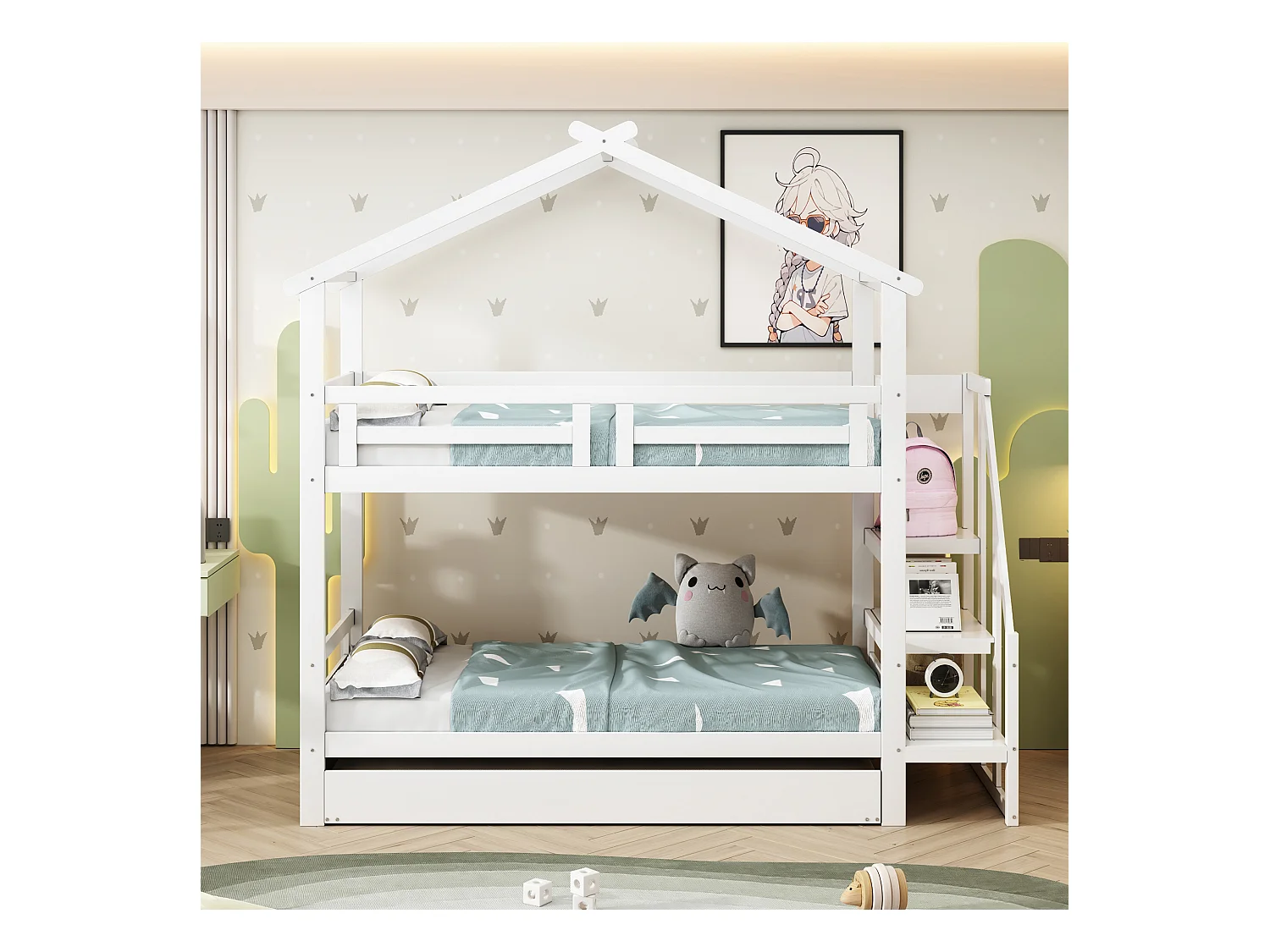 Stapelbedden 2 x 90 x 200 cm met onderschuifbed 90 x 190 cm - Opbergplanken - Grenenhout + multiplex + MDF - Wit