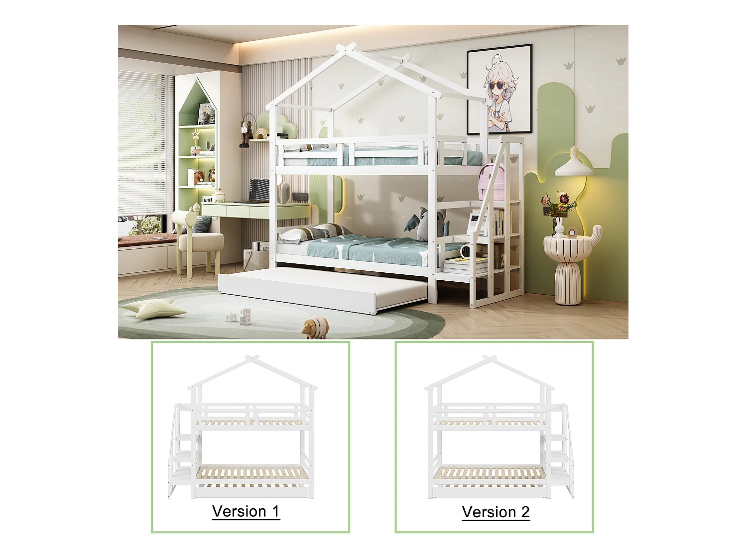 Stapelbedden 2 x 90 x 200 cm met onderschuifbed 90 x 190 cm - Opbergplanken - Grenenhout + multiplex + MDF - Wit