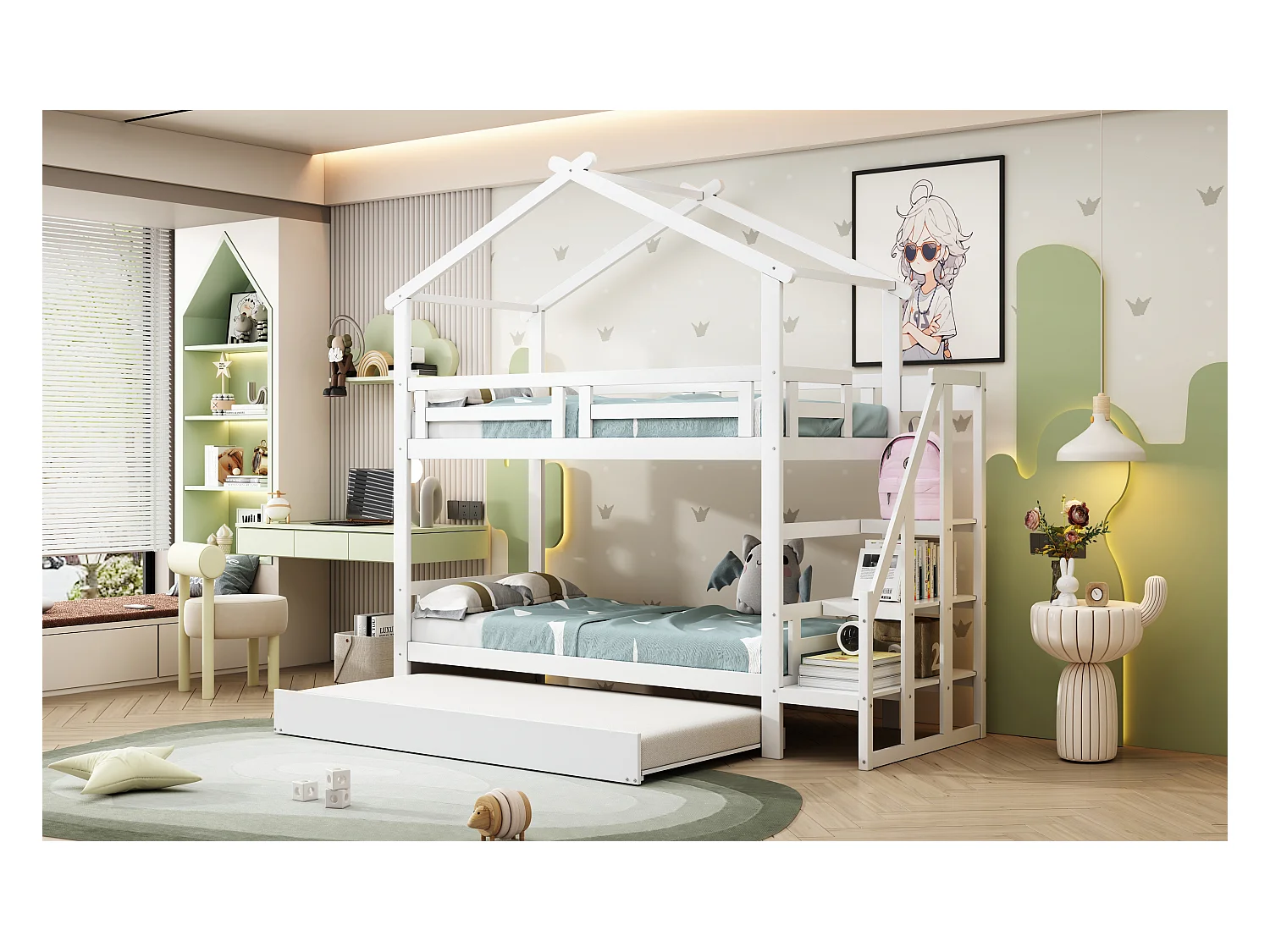 Stapelbedden 2 x 90 x 200 cm met onderschuifbed 90 x 190 cm - Opbergplanken - Grenenhout + multiplex + MDF - Wit