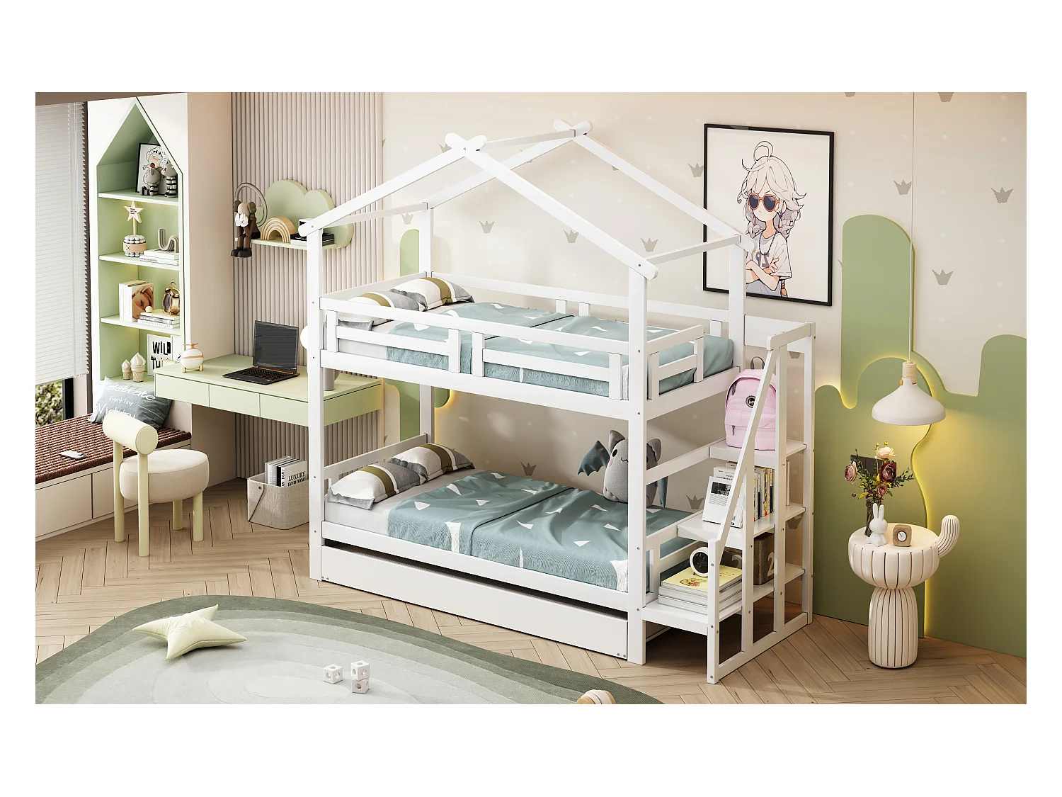 Stapelbedden 2 x 90 x 200 cm met onderschuifbed 90 x 190 cm - Opbergplanken - Grenenhout + multiplex + MDF - Wit
