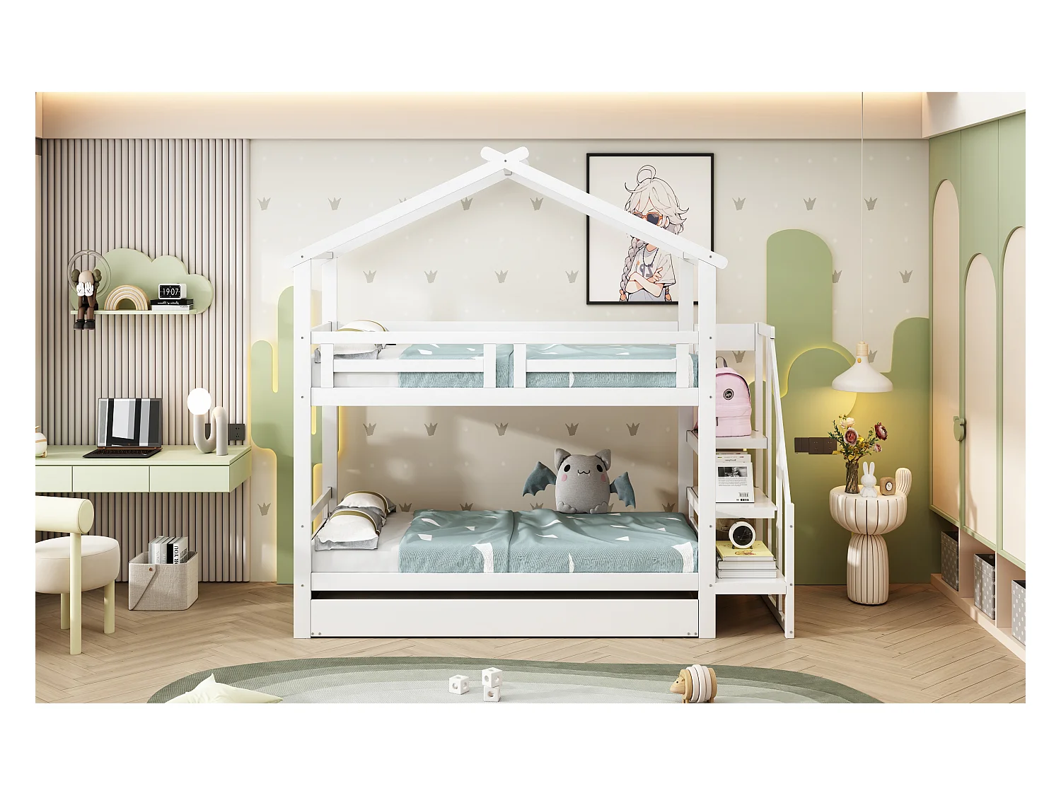 Stapelbedden 2 x 90 x 200 cm met onderschuifbed 90 x 190 cm - Opbergplanken - Grenenhout + multiplex + MDF - Wit
