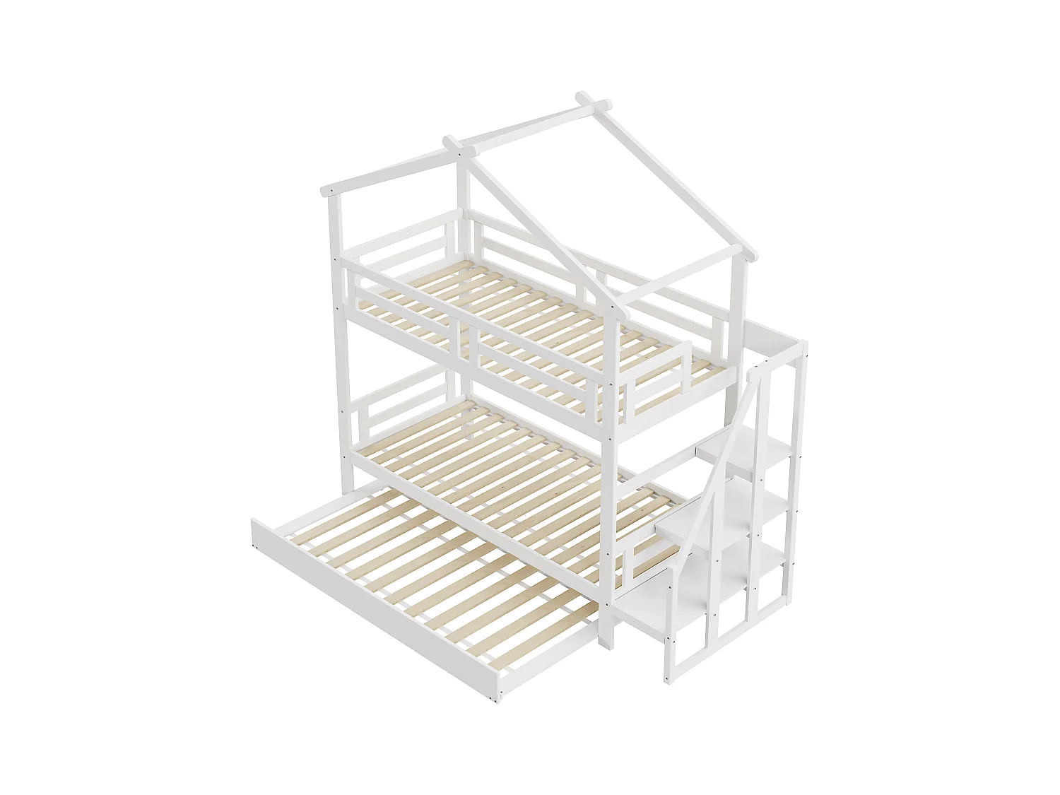 Stapelbedden 2 x 90 x 200 cm met onderschuifbed 90 x 190 cm - Opbergplanken - Grenenhout + multiplex + MDF - Wit