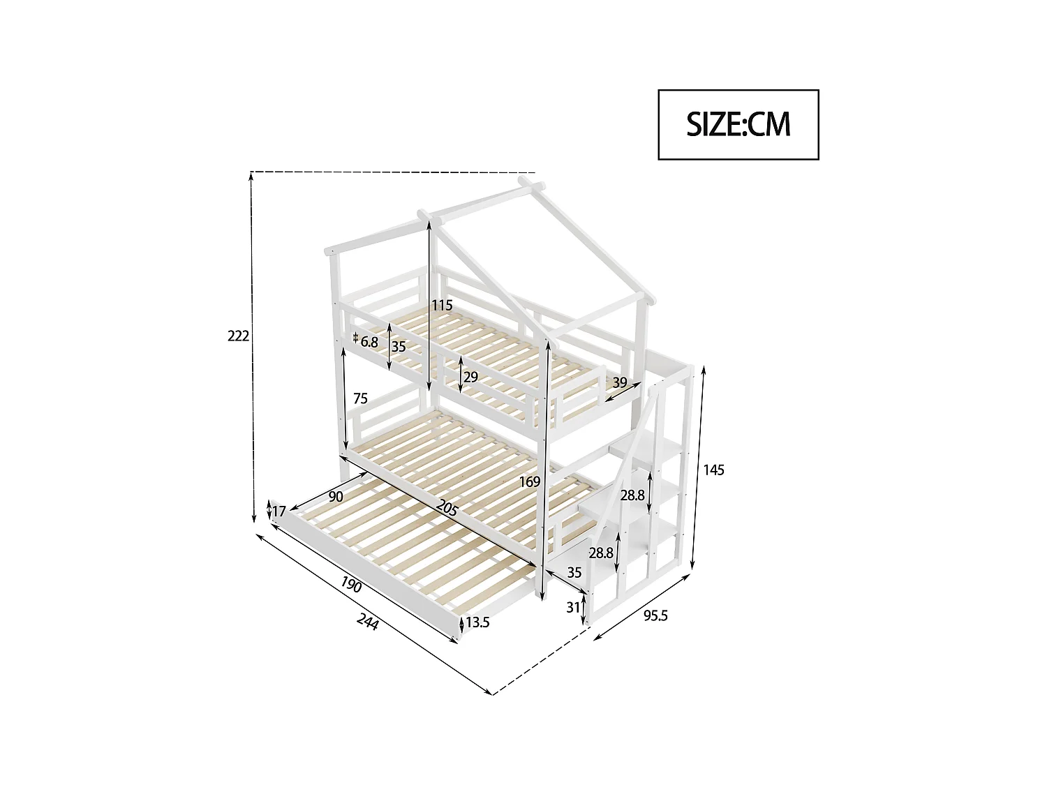 Stapelbedden 2 x 90 x 200 cm met onderschuifbed 90 x 190 cm - Opbergplanken - Grenenhout + multiplex + MDF - Wit