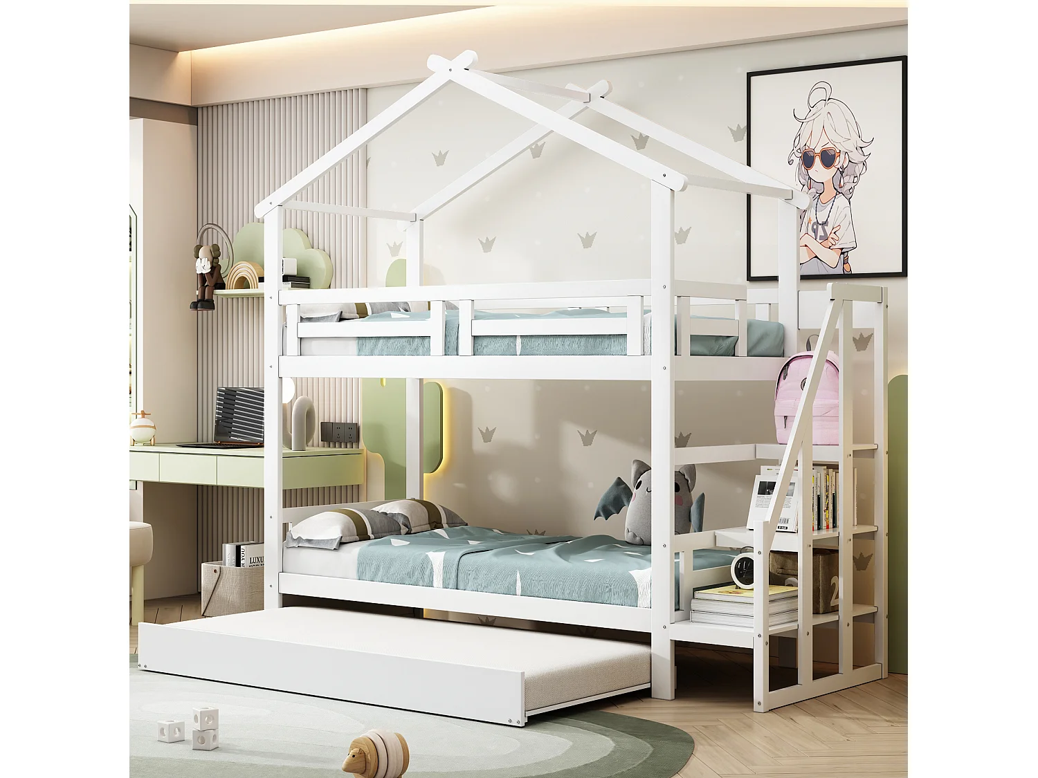 Stapelbedden 2 x 90 x 200 cm met onderschuifbed 90 x 190 cm - Opbergplanken - Grenenhout + multiplex + MDF - Wit